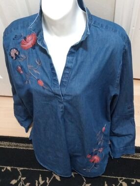 Sonoma Blue Denim-Style Tunic with Red & Pink Floral Embroidery